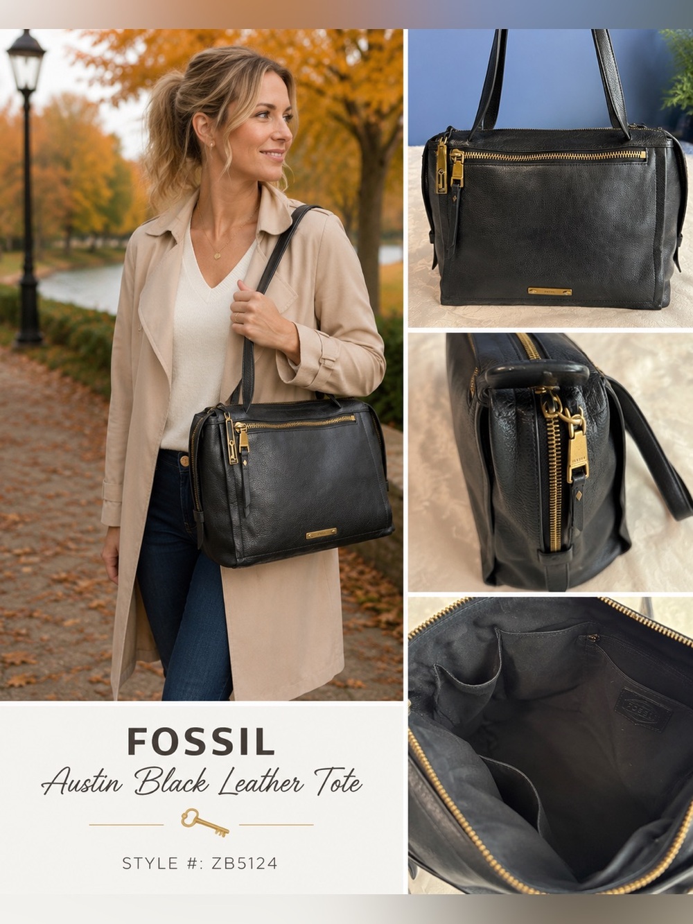 Fossil Austin Black Pebbled Leather Tote Shoulder Bag Work Purse Brass Hardware